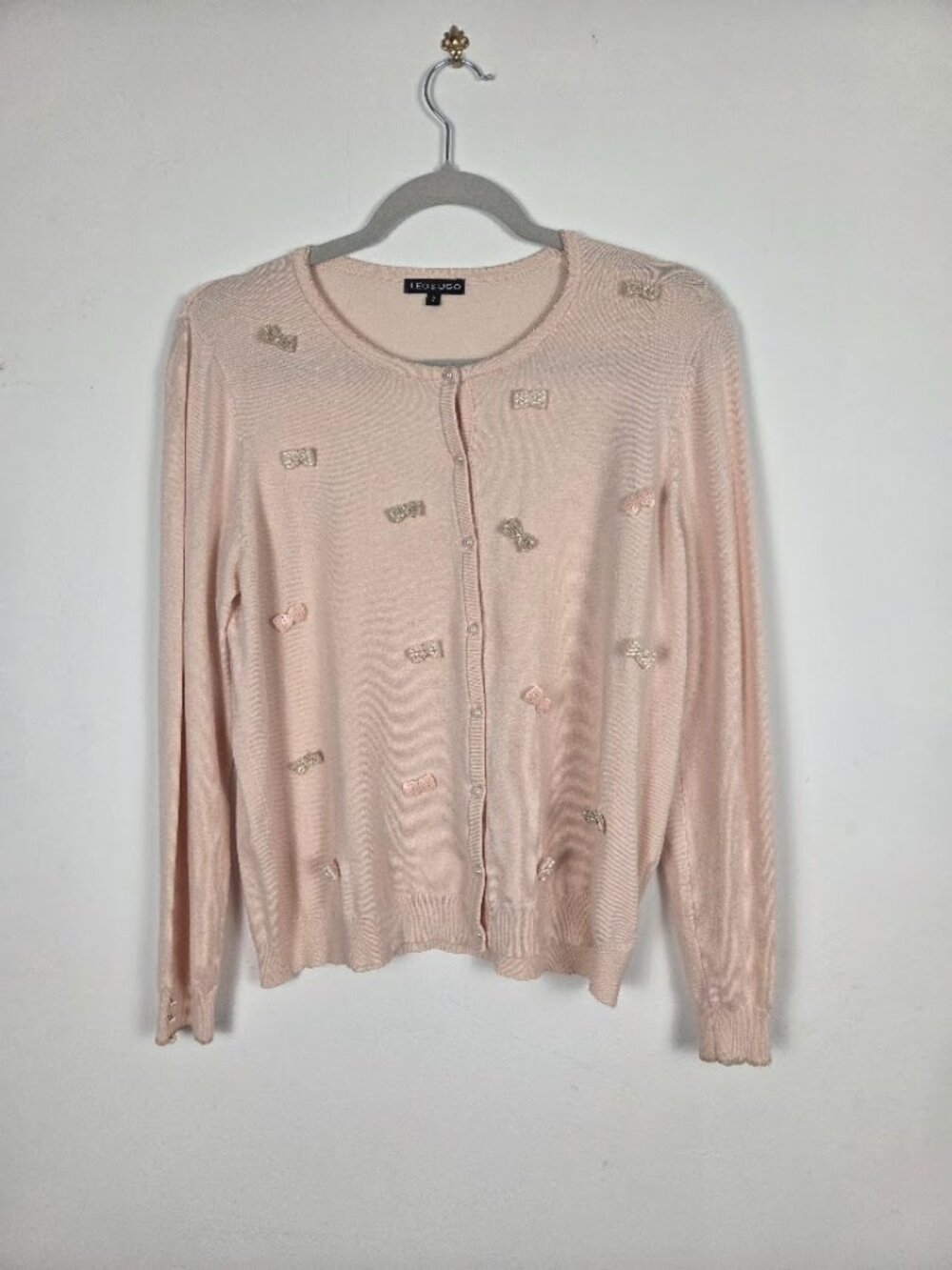 LEO & UGO Paris Embellished Bow Cardigan Blush Pink/Peach Pearl Buttons Size S-M
